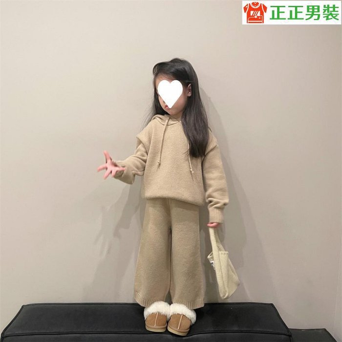 中小童韓國童裝兒童毛衣套裝2024冬季男女童加厚連帽針織兩件套~正正男裝