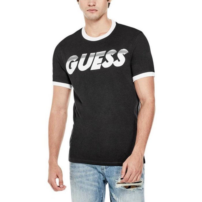 美國百分百【全新真品】Guess T恤 T-shirt 短袖 短T logo 上衣 滾邊 黑色 XS S號 I485