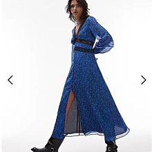 (嫻嫻屋) 英國ASOS-Topshop蕾絲邊V領長袖中長裙藍色碎花圖案洋裝EK23