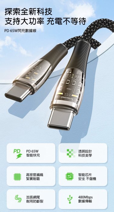 網尾加長設計 編織充電線(PD65W)(1M) DUZZONA A6 Type-C to C 數據線 充電線 65W閃充