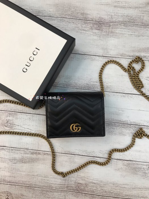 《真愛名牌精品》Gucci 625693 GG Marmont 黑金G 斜背短夾鍊包(鍊可拆) *全新*代購