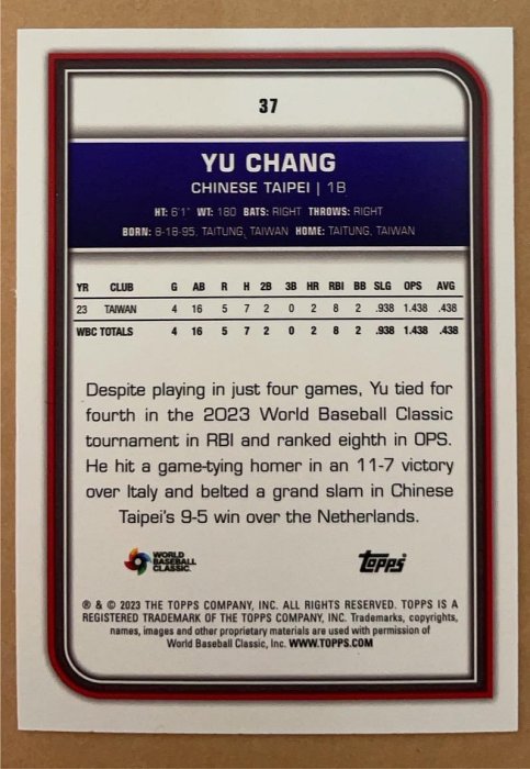 中華隊 台灣英雄 張育成 2023 Topps WBC 特卡 限量 50 張 非簽名卡