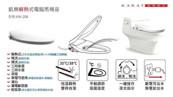 《台灣尚青生活館》KARAT 凱樂衛浴 KW-206 瞬熱式 電腦馬桶蓋 免治馬桶座 免治免痔好舒適