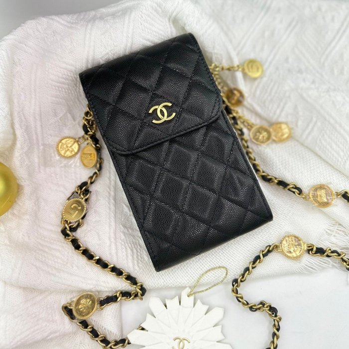 【翰貝格名牌館】全新真品 Chanel 黑色 荔枝紋 牛皮 金CC 皮穿鏈 斜背 直式 金幣 手機包 AP3112
