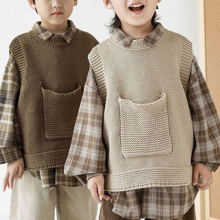 熱銷新款日韓童裝兒童針織毛衣馬甲22秋裝新款男童藝文簡約百搭女童口袋背心
