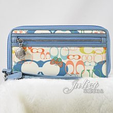 【茱麗葉精品】二手精品【9.99成新】COACH 經典LOGO緞面皮飾邊手提式長夾.白/藍#3 現貨