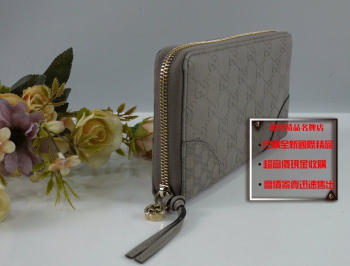 優買二手精品名牌店 GUCCI 323397 大象灰 牛皮 GG LOGO 拉鍊 零錢 發財 長夾 皮夾 支票夾 全新