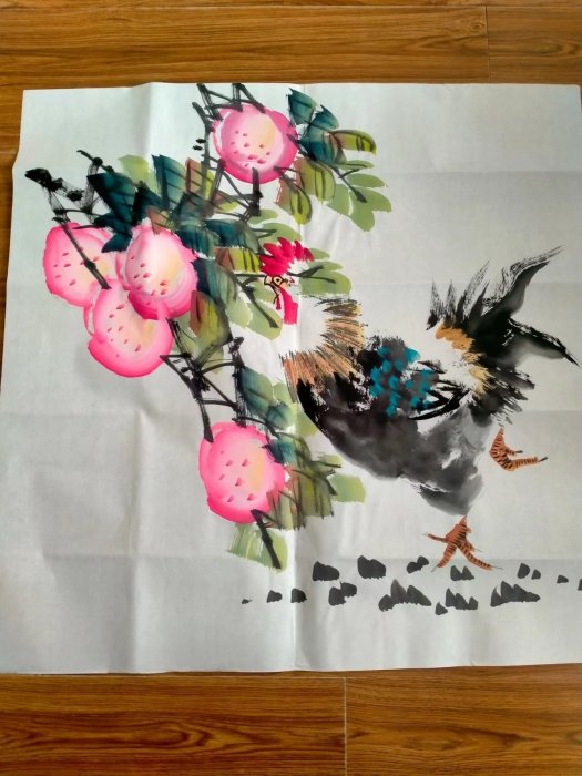 四尺斗方0.7*0.7米花鳥純手繪國畫字畫美院學生 壽桃公雞 MQ