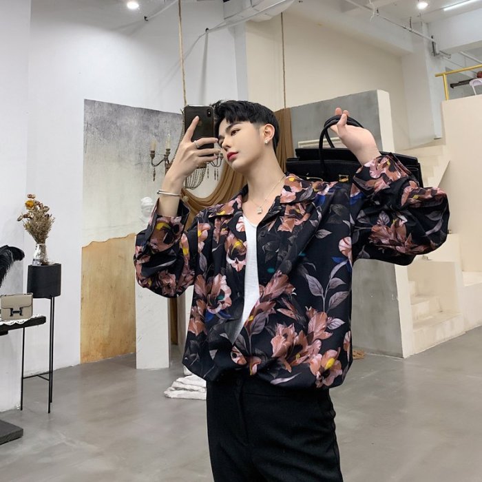 《TINO HOMME》2019春夏新款日韓版不規則剪裁OVERSIZE宮廷風花朵圖案印花翻領寬鬆襯衫
