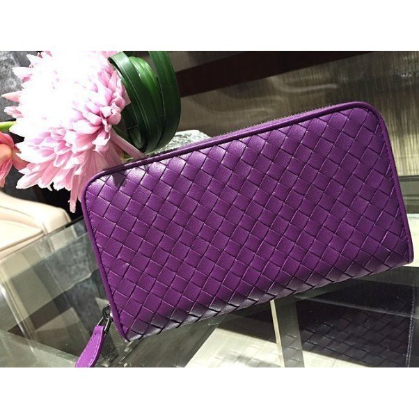 【二手正品】 BV Bottega Veneta 紫 5213 編織 羊皮 全拉鍊 長夾 114076