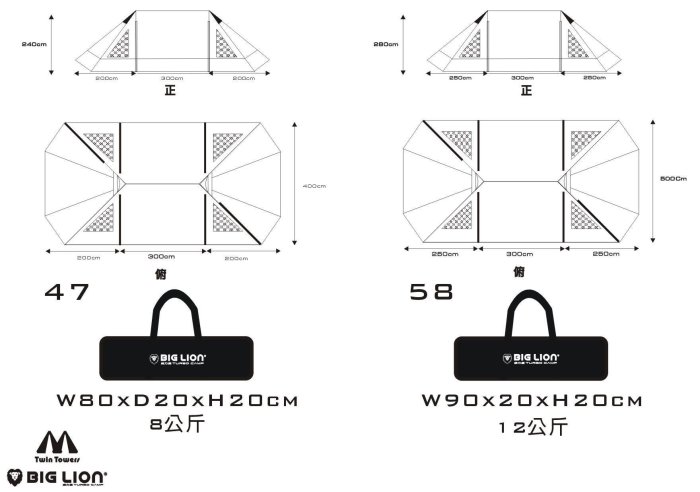 露營小站~【BL-M58】威力屋BIG LION 2017威力屋雙峰帳500x800、台灣製造-國旅卡