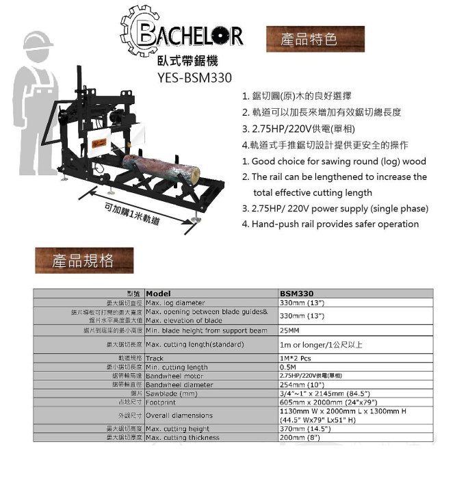 Bachelor博銓BSM-330臥式帶鋸機(未稅/不含運)--博銓木工機械