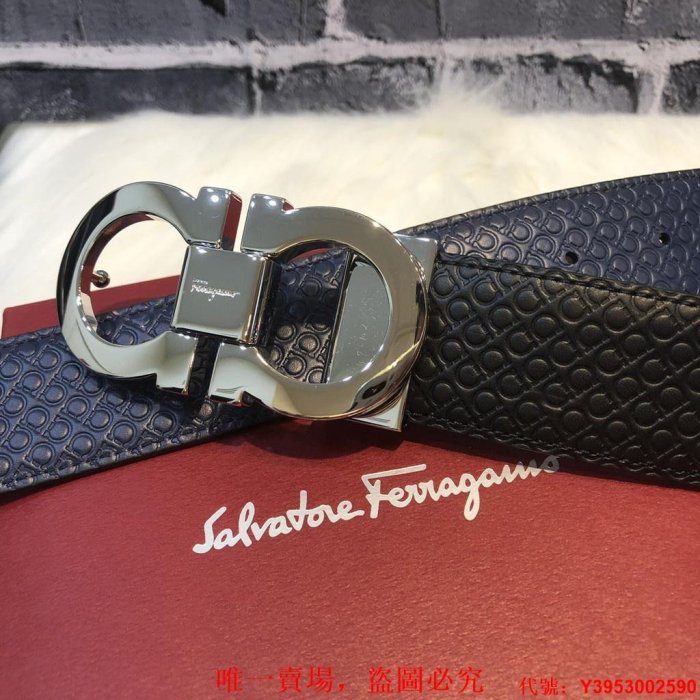 二手正品 Salvatore Ferragamo 菲拉格慕 經典標識 亮銀 雙麵 皮帶 腰帶 黑//深藍