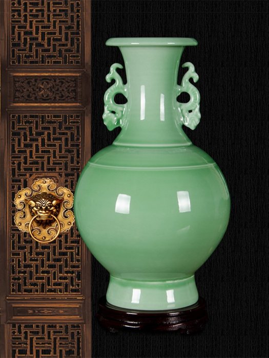 景德鎮陶瓷器仿古青釉雙耳花瓶插花中式家居客廳博古架裝飾品擺件