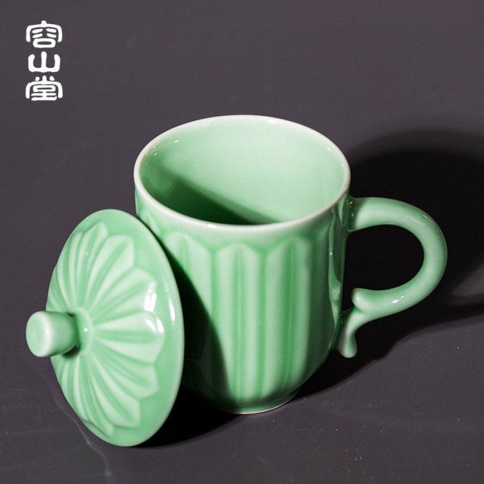 現貨龍泉青瓷浮雕蓮花陶瓷辦公杯綠茶泡茶杯馬克杯水杯個人杯