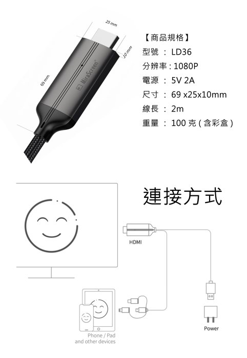 附發票-MiraScreen三合一USB轉HDMI視頻螢幕轉接線LD36電視線 蘋果/Type-C/Micro手機轉電視