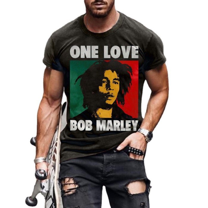 2023歐美外貿夏季新款BobMarley圖案3D數碼印花男裝短袖T恤-正正男裝