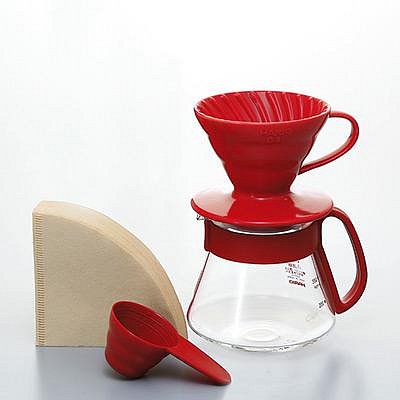 『德記儀器』《HARIO》 V60紅色01濾杯咖啡壺組 (磁石濾杯+咖啡壺+濾紙+量匙/VDS-3012R)