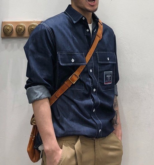 ☆MR☆日系春夏薄款雙口袋工裝帥氣長袖襯衫(藍色)~現貨+預購