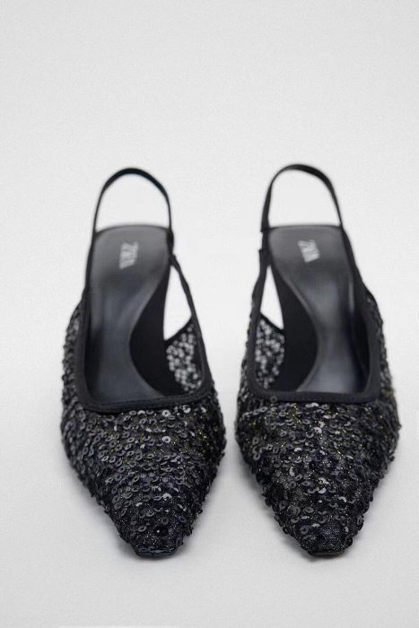 ZA2023夏季新款女鞋 黑色珠片飾 鏤空露跟法式氣質高跟尖頭百搭涼