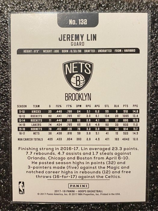 2017-18 Panini Hoops #132 Jeremy Lin 在布魯克林籃網隊