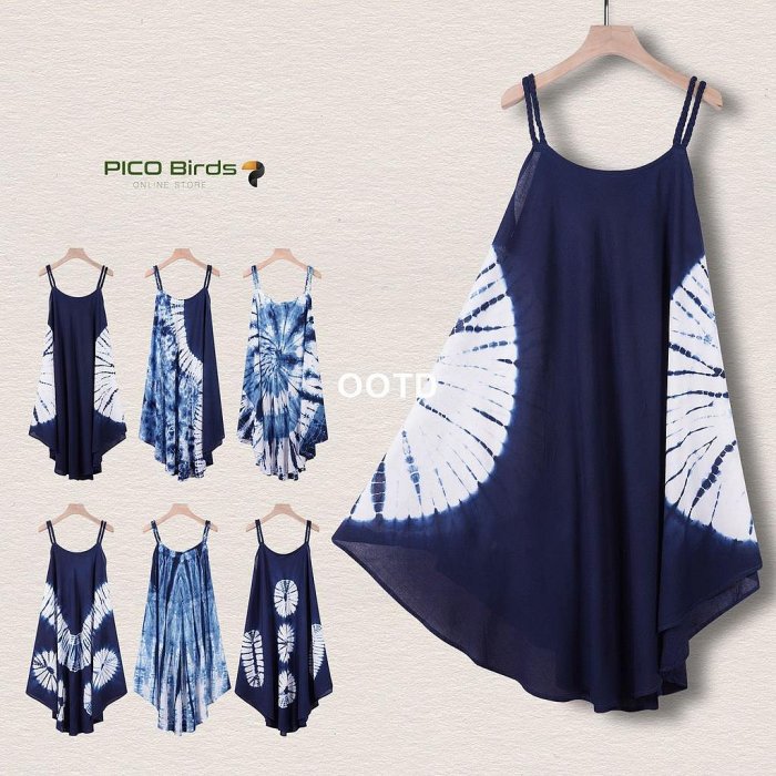 【pico bird】泰國麻花雙肩帶細肩洋裝 藍染連身裙 大裙襬背心裙 泰國洋裝-OOTD
