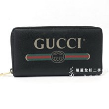 高雄店 遠麗全新二手名牌館~K5607 Gucci 黑牛皮霧金釦logo紅綠紅壓印12卡ㄇ拉長夾