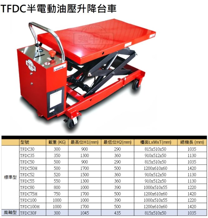 TFDC半電動油壓升降台車 TFDC50H 荷重:500KG 最高:170CM