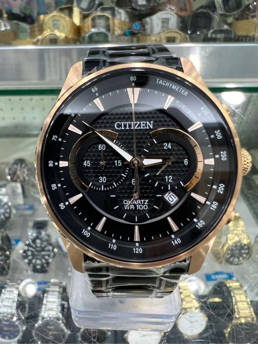【金台鐘錶】CITIZEN 星辰手錶 男錶 三眼功能 不鏽鋼 42mm (黑x金) AN8196-55E