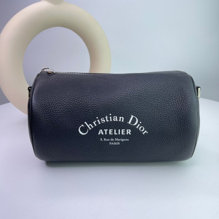 【翰貝格名牌館】二手真品 Dior Atelier roller bag 黑色 牛皮 荔枝紋 白字 圓筒包 斜背包