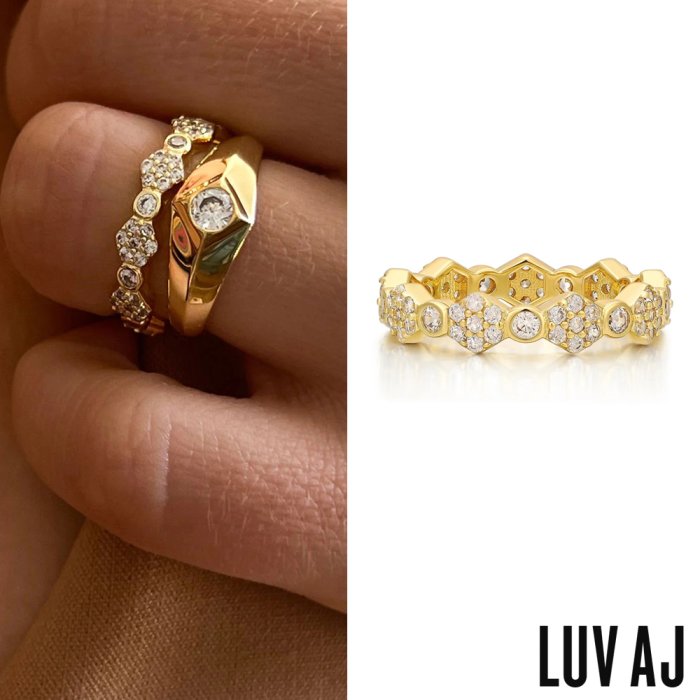 LUV AJ 好萊塢潮牌 蜂巢六角鑲鑽 古典金色戒指 HEX PAVE DISC RING