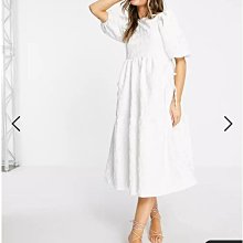 (嫻嫻屋) 英國ASOS-優雅時尚白色緹花紋圓領泡泡袖中長裙洋裝 現貨UK14