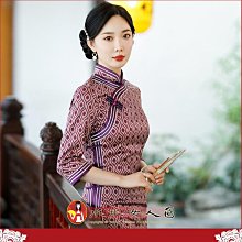 M-5XL加大 印花七分袖長旗袍 復古中國風經典改良式時尚修身超顯瘦日常連身洋裝～古韻傾城～波點(紫色)。水水女人國