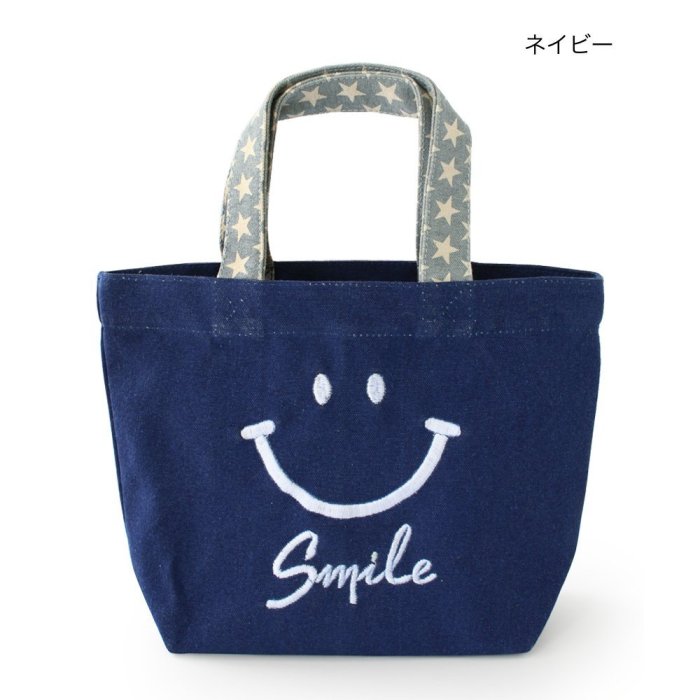 沛吉兔日貨館。日本直送台灣現貨 微笑臉 刺繡 smile 托特包 帆布提袋 便當袋 環保袋 飲料袋 手提袋 灰色 藍色