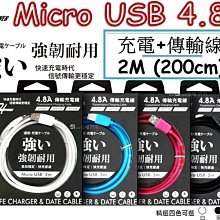 #網路大盤大# H power 4.8A Micro USB 充電傳輸線 2M(200cm) 粗管線 4色可選 安卓