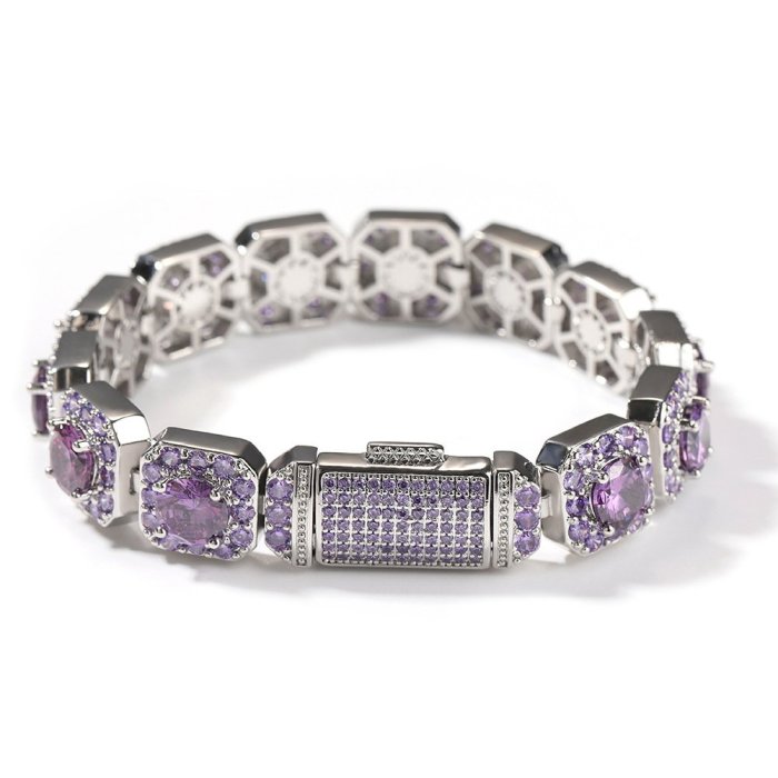 寶石手鏈 ICE BLING 12MM紫色钻石锆石满钻冰糖手链 嘻哈个性小众设计饰品~熱賣