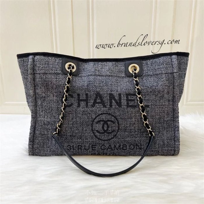 小甄二手香奈兒Chanel 藍色Deauville 金鏈 tote bag 沙灘包 媽媽包 購物袋 中號 現貨