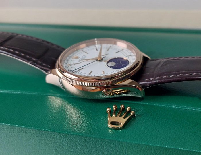 ROLEX 勞力士 Cellini 徹里尼 50535 Moonphase 月相型腕錶 玫瑰金 藍色琺瑯月相盤 隕石滿月盤 自動上鍊 盒單齊全 2020保單