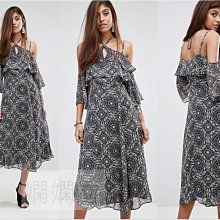 (嫻嫻屋) 英國ASOS-知性優雅名媛繞頸垂墜露香肩荷葉邊黑色印花中長洋裝禮服 晚宴 婚禮 現貨UK10