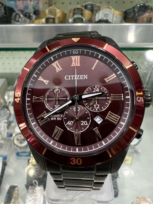 【金台鐘錶】CITIZEN 星辰手錶 男錶 三眼功能 不鏽鋼 45mm (黑x深咖啡) AN8167-53X