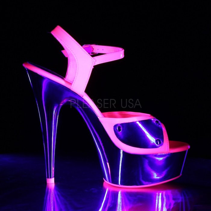 Shoes InStyle《六吋》美國品牌 PLEASER 原廠正品霓虹螢光漆皮金屬鍍鉻厚底高跟涼鞋 出清『紫紅銀色』