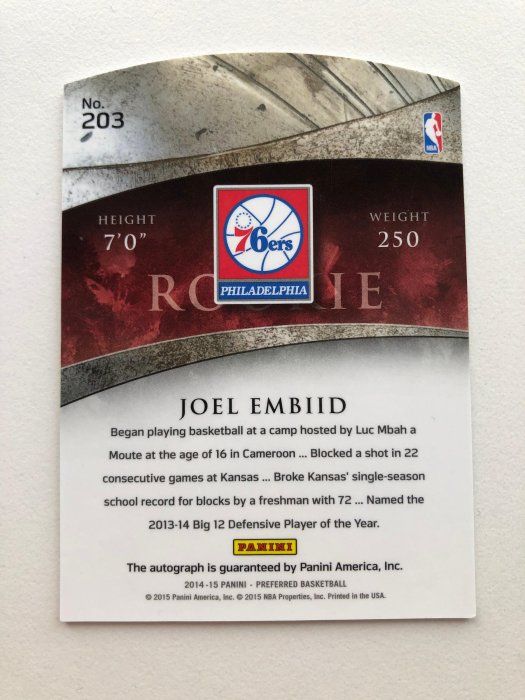 2014-15 PANINI PREFERRED JOEL EMBIID AUTO RC 簽名球卡 限量49張