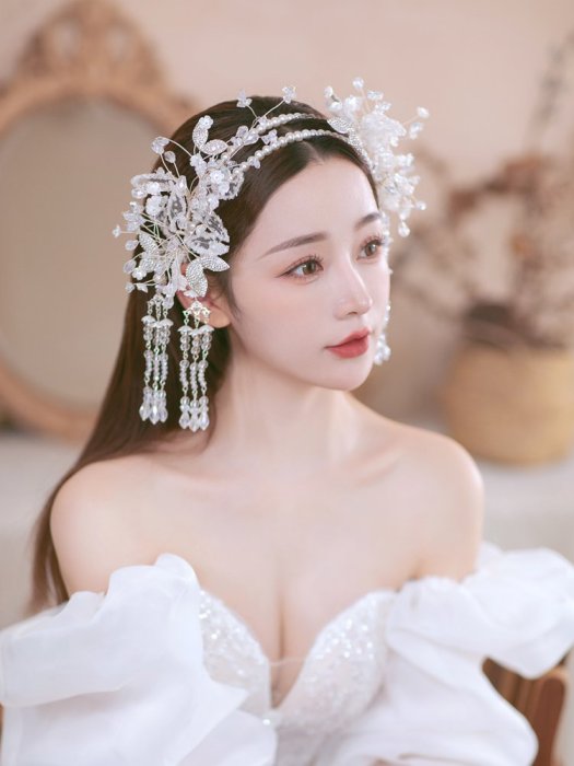 中式新娘頭飾時尚串珠水晶發箍流蘇花朵手工日韓婚紗禮服結婚發飾-主推款