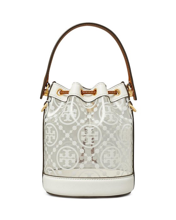 【TORY BURCH】專櫃款 T MONOGRAM 漆皮束口手提/斜背二用水桶包-半透明款/迷你款