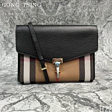 【公信精品】 BURBERRY 斜背包 經典HOUSE系列 格紋棉麻拼色 麂皮內襯 金屬鉤環開口 黑色