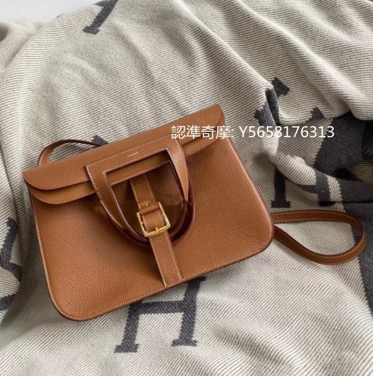 二手正品 HERMÈS Halzan 31cm 愛馬仕 駝色全皮金釦五用包 斜背包