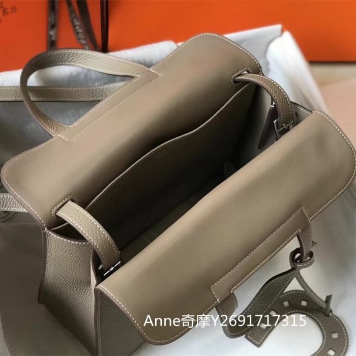 二手正品 Hermès 愛馬仕 Halzan 31cm 斑鳩灰銀扣 全皮 手提包 肩背包 斜背包