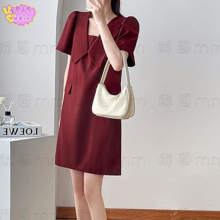 韓國MM =法式洋氣酒紅色娃娃裙女 夏季新款簡約設計感寬松顯瘦連衣裙