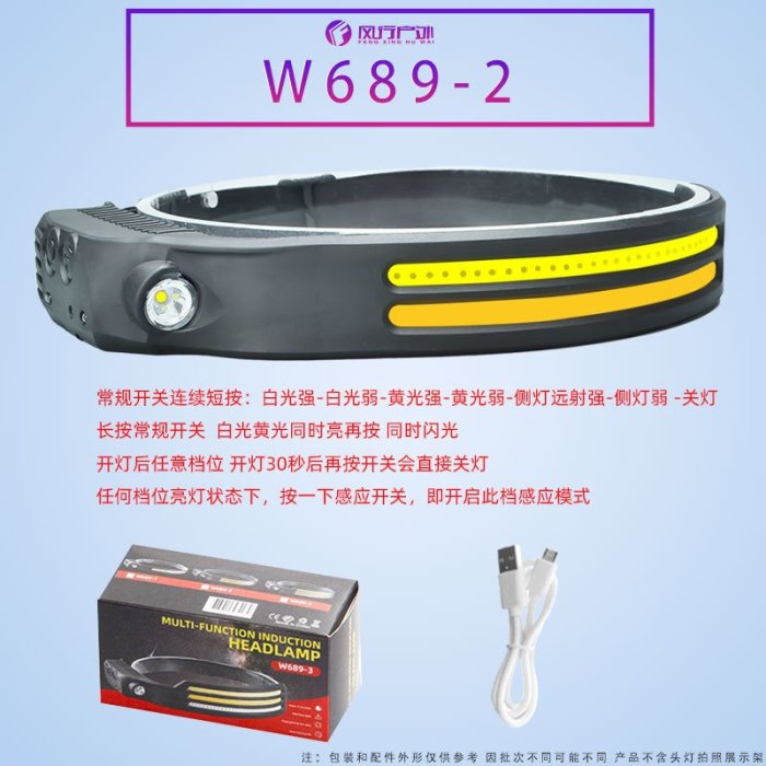 W689感應頭燈泛光LED長條COB強光頭燈TYPEC充電軟硅膠頭戴式電筒