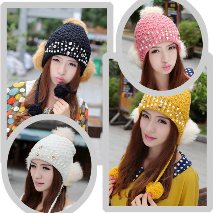 ╭✿蕾兒0509✿╮F002-(6色)韓國加厚保暖帽子鑲鑽珍珠毛球針織毛線護耳帽毛線帽保暖帽盆帽 搭配圍巾